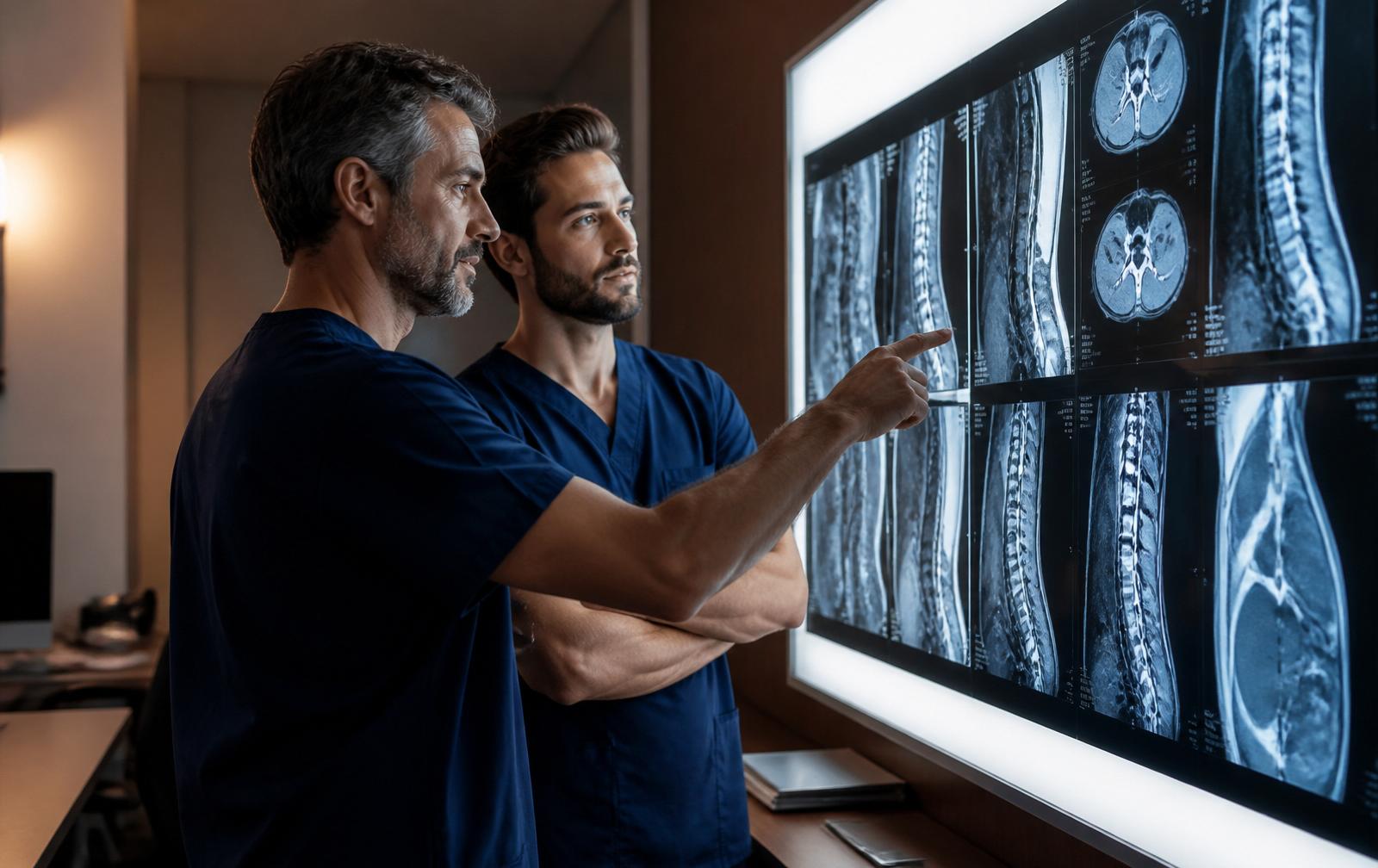 Two specialists reviewing imaging on a lightbox